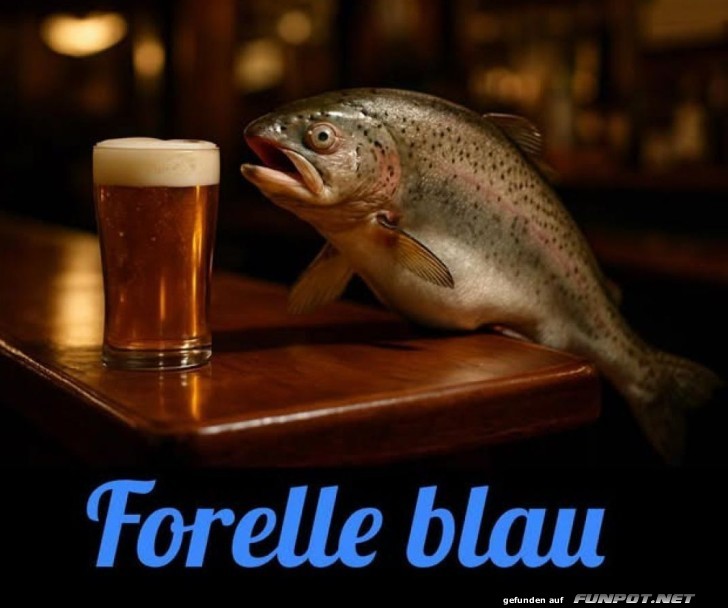 Forelle neben einem Bier in einer Bar Forelle neben einem Bier in einer Bar