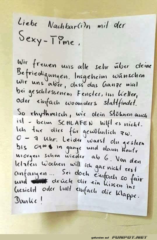 Hinweis an Nachbarn über Lärmbelästigung Hinweis an Nachbarn über Lärmbelästigung