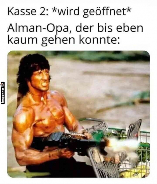 Opa Rambo sprintet zur neuen Kasse Opa Rambo sprintet zur neuen Kasse