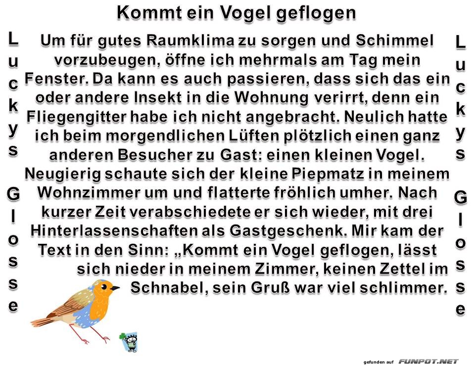 Kommt ein Vogel geflogen Kommt ein Vogel geflogen