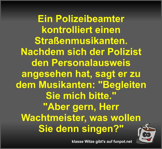 Ein Polizeibeamter kontrolliert einen Straenmusikanten