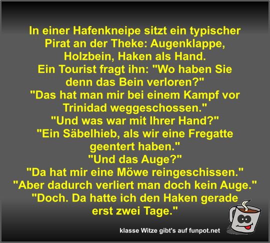 In einer Hafenkneipe sitzt ein typischer Pirat an der Theke