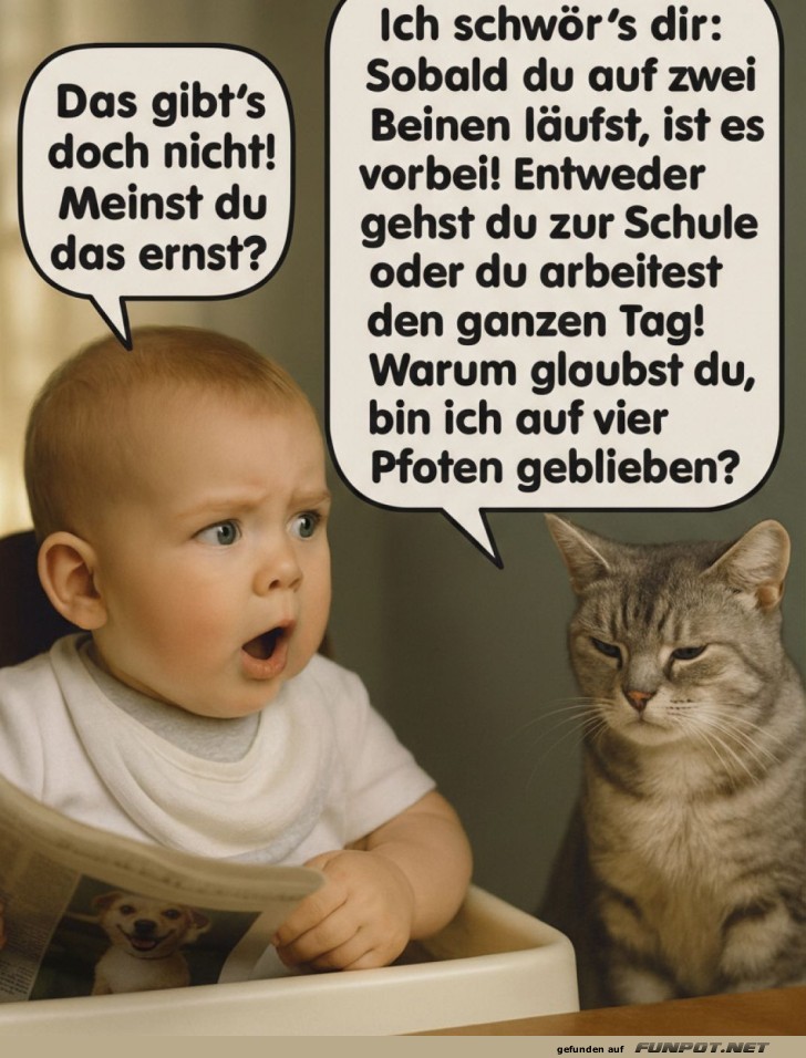Arbeitende Katzen und staunende Babys