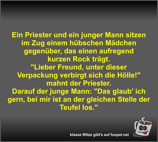 Ein Priester und ein junger Mann sitzen im Zug einem...