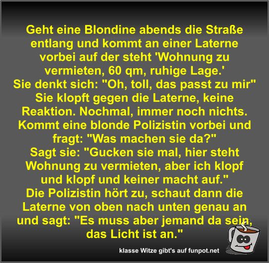 Geht eine Blondine abends die Stra�e entlang und kommt an...