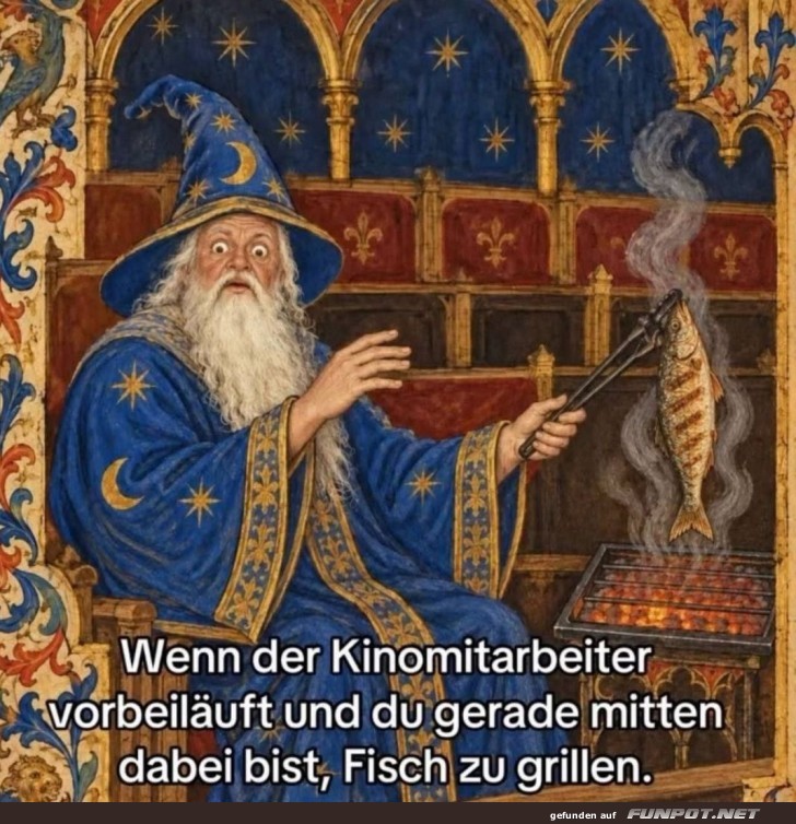 Zauberer beim heimlichen Fisch-BBQ im Kino