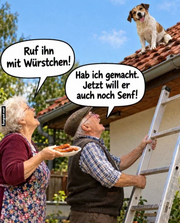 Hund auf dem Dach? W�rstchen retten den Tag!