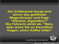 Der Zollbeamte beugt sich durch das geöffnete Wagenfenster