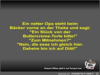 Ein netter Opa steht beim Bcker vorne an der Theke und sagt