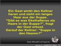 Ein Gast winkt den Kellner heran und zieht ein langes Haar