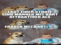 Hund und Baby mit witzigem Bart-Spruch