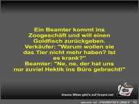 Ein Beamter kommt ins Zoogeschäft und will einen Goldfisch