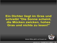 Ein Dichter liegt im Gras und schreibt Die Sonne scheint