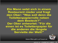 Ein Mann setzt sich in einem Restaurant nieder und fragt...