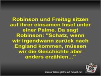 Robinson und Freitag sitzen auf ihrer einsamen Insel unter