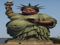 Satirische Freiheitsstatue mit Smartphone