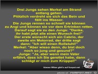 Drei Jungs sehen Merkel am Strand entlang gehen