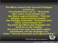 Ein Mann rasiert sich und sein Papagei schaut zu