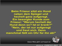 Beim Friseur sitzt ein Hund neben dem Spiegel und hechelt...