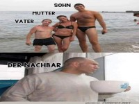 Familienfoto mit groem Sohn und interessiertem Nachbarn