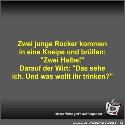 Zwei-junge-Rocker-kommen-in-eine-Kneipe-und-br&uuml;llen.jpg von Fossy