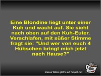 Eine Blondine liegt unter einer Kuh und wacht auf