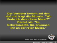 Der Vertreter kommt auf den Hof und fragt die Buerin