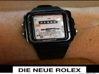 Satirische Uhr mit Stromzhler-Design
