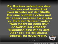 Ein Rentner schaut aus dem Fenster und beobachtet zwei...