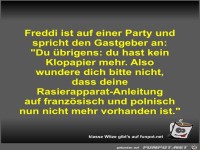 Freddi ist auf einer Party und spricht den Gastgeber an