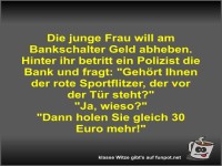Die junge Frau will am Bankschalter Geld abheben