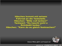 Häschen kommt mit seinem Fahrrad an die Tankstelle