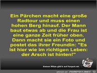 Ein Pärchen macht eine große Radtour und muss einen hohen...