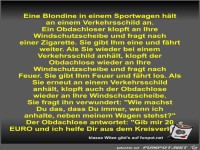 Eine Blondine in einem Sportwagen h�lt an einem...