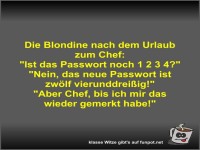 Die Blondine nach dem Urlaub zum Chef