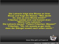 Die Lehrerin trgt eine Blume an ihrer Bluse und fragt die