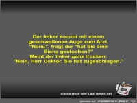 Der Imker kommt mit einem geschwollenen Auge zum Arzt