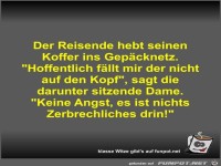 Der Reisende hebt seinen Koffer ins Gep�cknetz