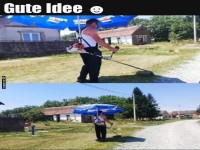 Kreativer Sonnenschutz beim Rasenmhen