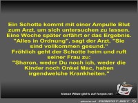 Ein Schotte kommt mit einer Ampulle Blut zum Arzt