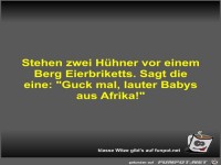 Stehen zwei H�hner vor einem Berg Eierbriketts