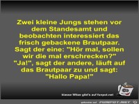 Zwei kleine Jungs stehen vor dem Standesamt und beobachten