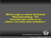 Micha sagt zu seiner Sch�ssel Wackelpudding
