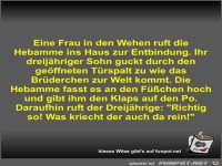 Eine Frau in den Wehen ruft die Hebamme ins Haus zur...