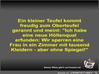 Ein kleiner Teufel kommt freudig zum Oberteufel gerannt und