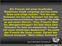 Ein Frosch mit einer knallroten Badehose hüpft vergnügt...