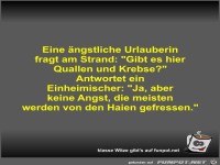 Eine �ngstliche Urlauberin fragt am Strand