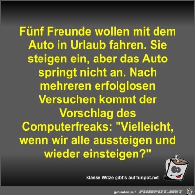 F&uuml;nf-Freunde-wollen-mit-dem-Auto-in-Urlaub-fahren.jpg von Fossy