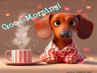 Niedlicher Hund in Schlafanzug sagt Guten Morgen