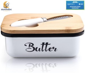eine Butterglocke aus Edelstahl mit Holzdeckel und...